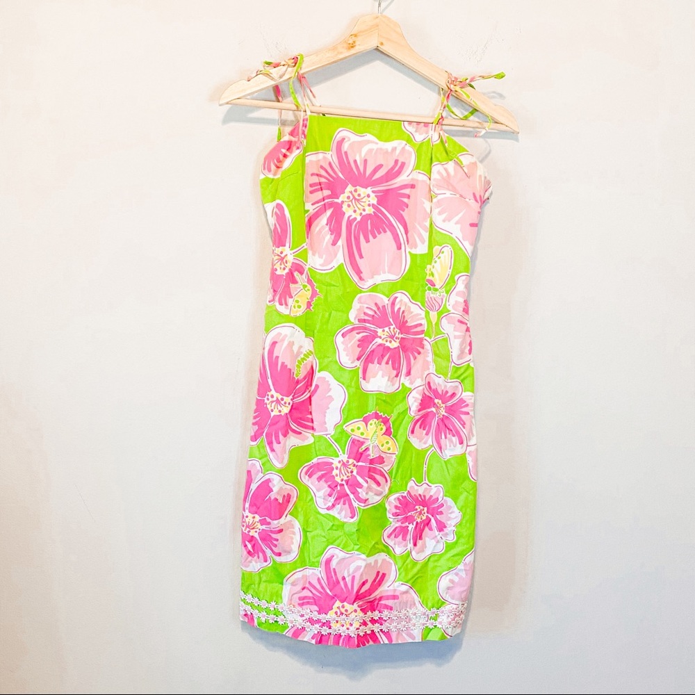 Lilly Pulitzer Vintage Green and Pink Hibiscus Tie Strap Dress Size 4 girls